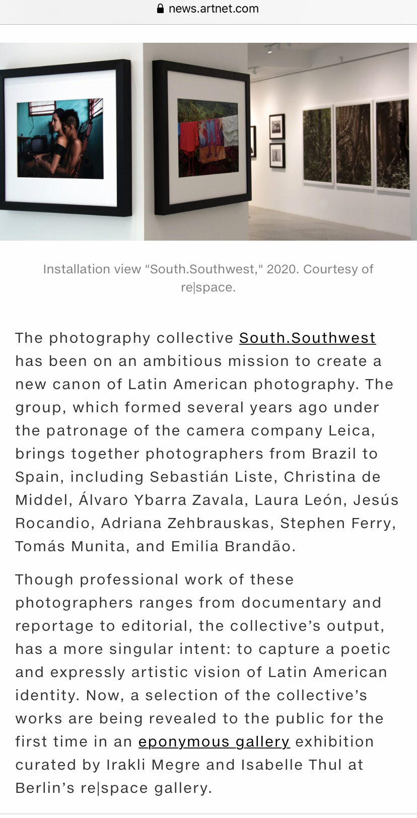 Artnet News screenshot about South.Southwest at RE|Space, Berlin, with an exhibition view showing black-and-white works by Emilia Brandão Carneiro