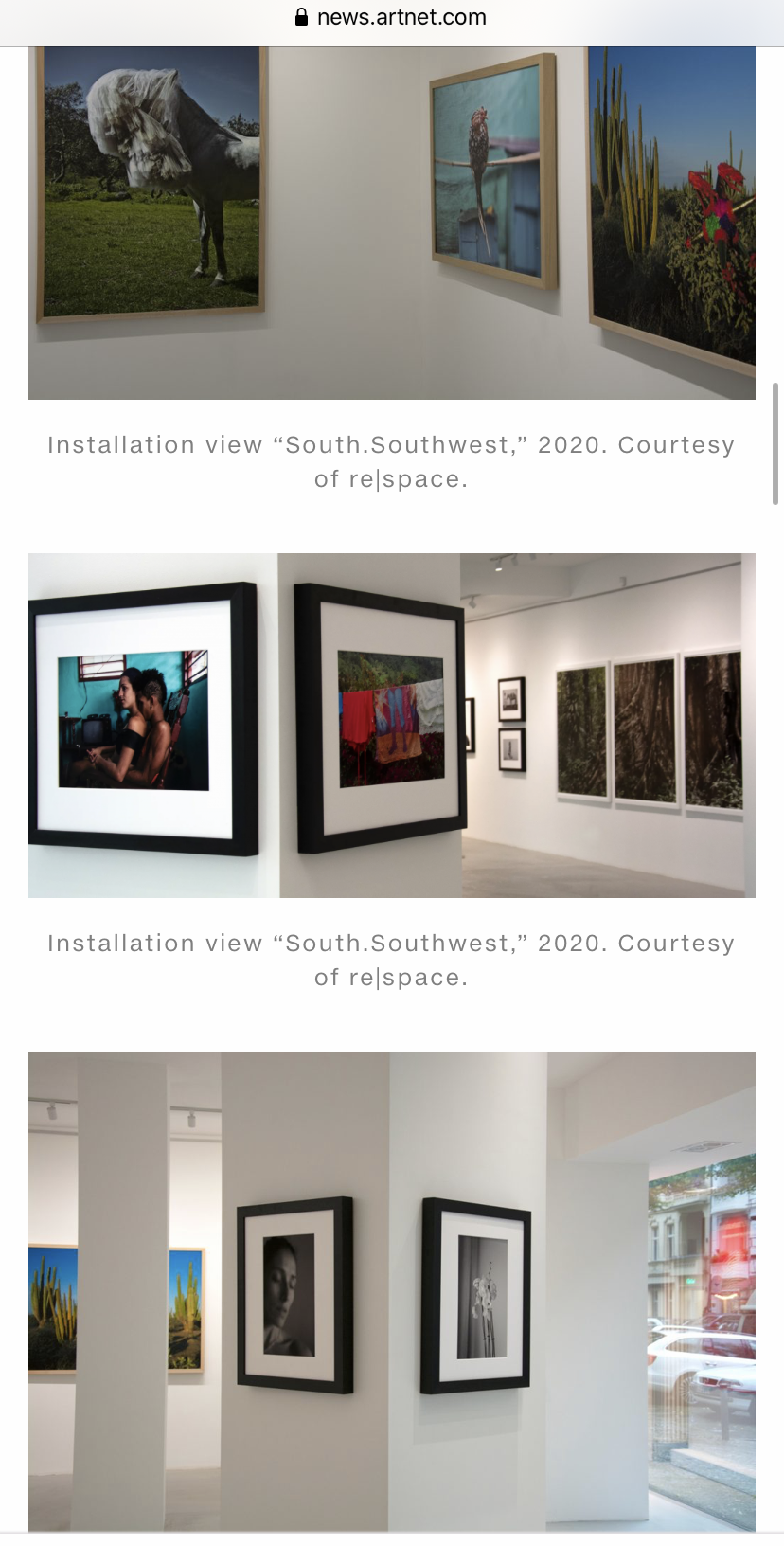 Artnet News screenshot about South.Southwest at RE|Space, Berlin, with an exhibition view showing black-and-white works by Emilia Brandão Carneiro
