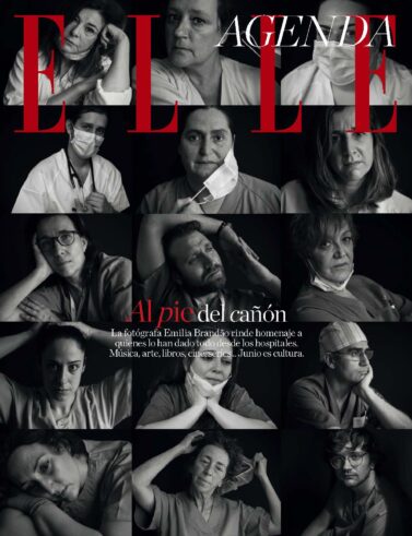 ELLE Spain page with black and white portraits of Madrid healthcare workers during COVID-19 by Emilia Brandão Carneiro.