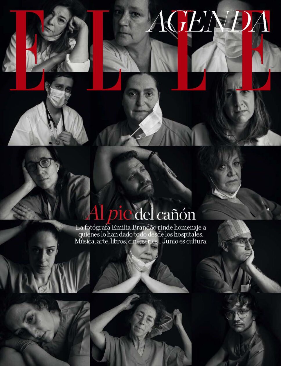 Página de ELLE España con retratos en blanco y negro de sanitarios de Madrid en la covid-19, por Emilia Brandão Carneiro.