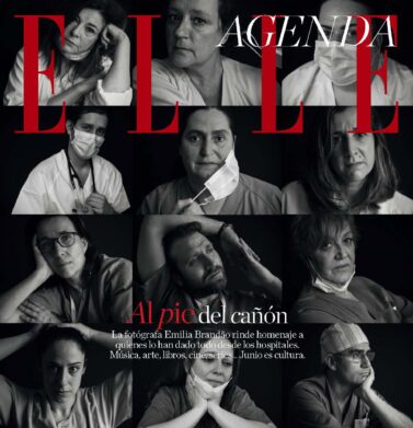 Página de ELLE España con retratos en blanco y negro de sanitarios de Madrid en la covid-19, por Emilia Brandão Carneiro.