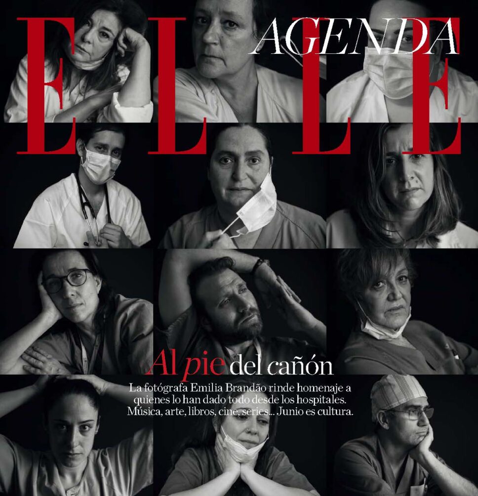Página de ELLE España con retratos en blanco y negro de sanitarios de Madrid en la covid-19, por Emilia Brandão Carneiro.