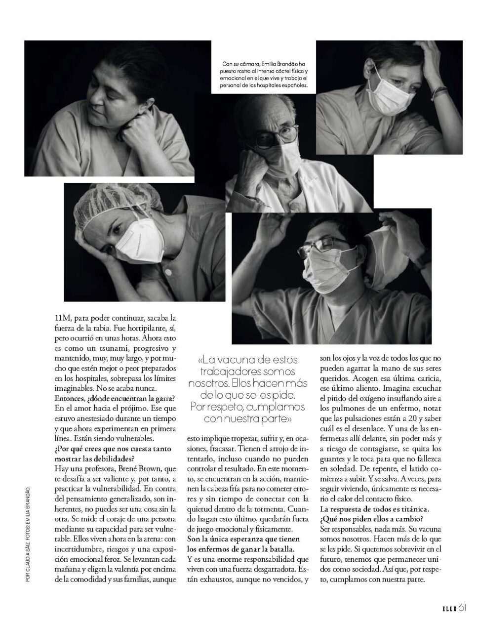 Página de ELLE España con retratos en blanco y negro de sanitarios de Madrid en la covid-19, por Emilia Brandão Carneiro.