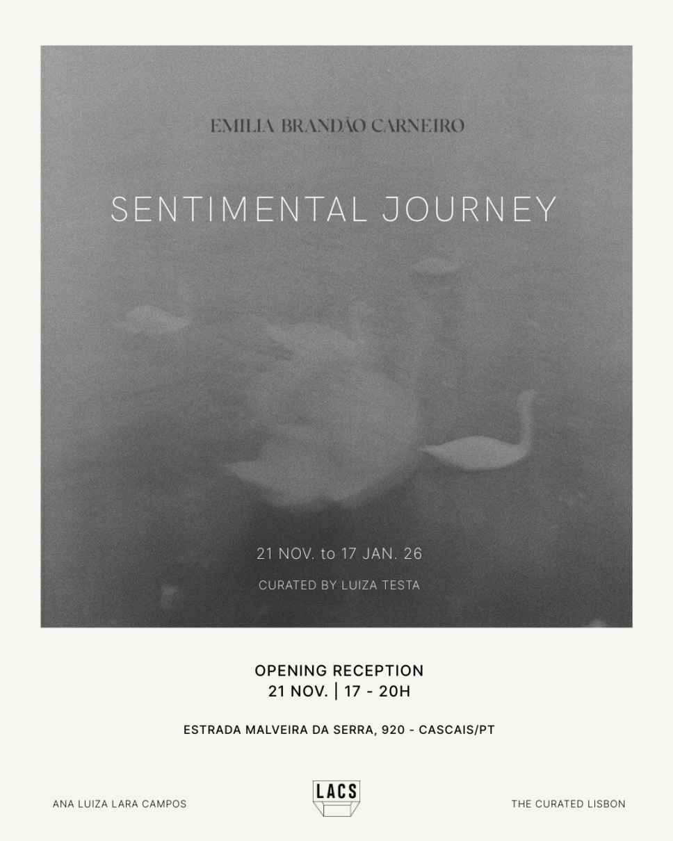 Exposición Sentimental Journey de Emilia Brandão Carneiro en LACS Cascais: fotografías en blanco y negro en una pared gris