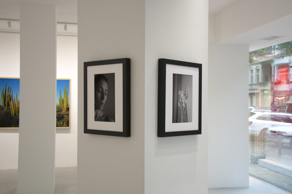 Vista da exposição South.Southwest na RE|Space, Berlim, com fotografias a cores e obras em preto e branco de Emilia Brandão Carneiro
