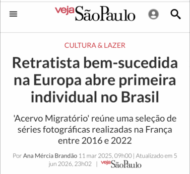 Veja São Paulo article on Emilia Brandão's Acervo Migratório exhibition, featuring her photo Performance of a Dream
